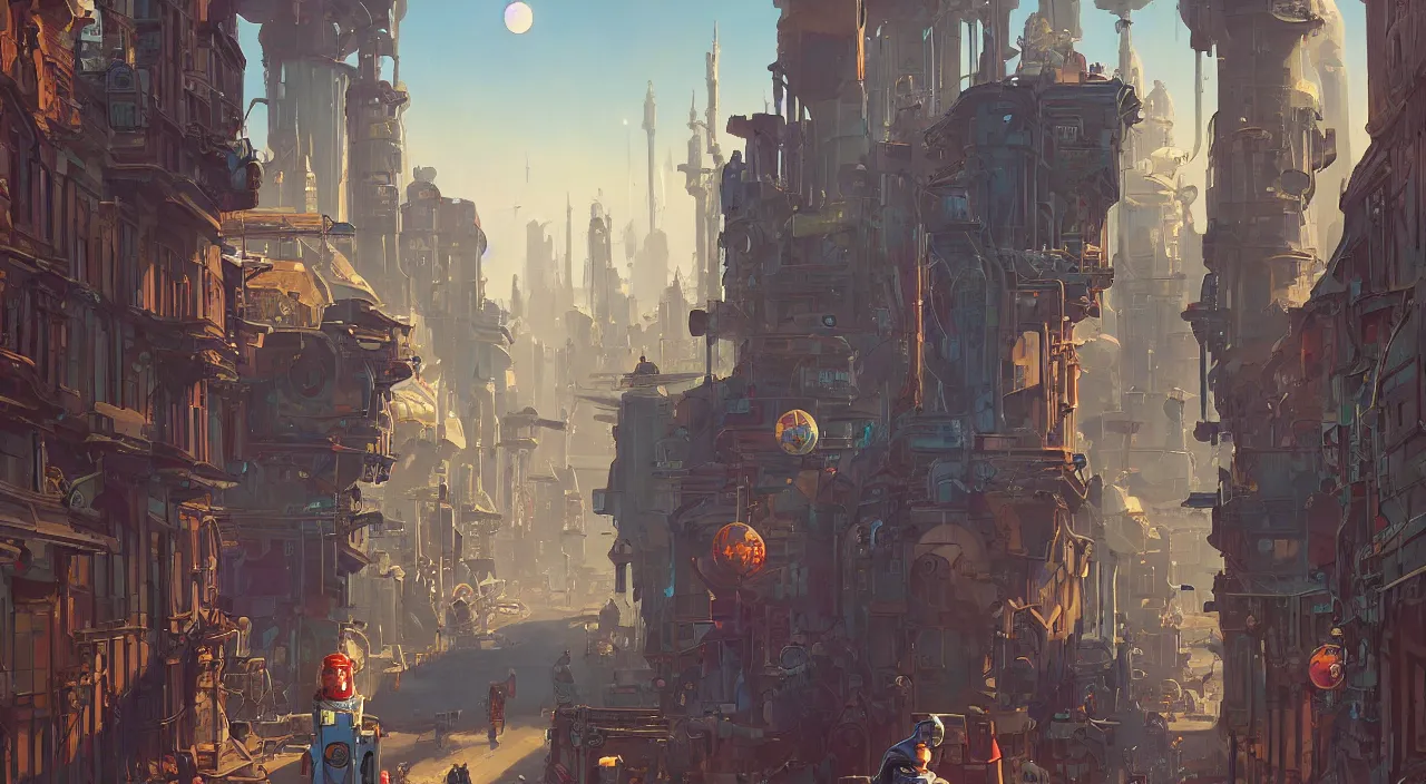 Image similar to a street level painting towards the horizon with high detail, sci - fi colorful victorian city with a victorian astronaut in the foreground at noon with sharp shadows by tyler edlin and sparth, wide angle lens, 4 k, vray, art nouveau influences. roger deakins, cinematic cinematography.