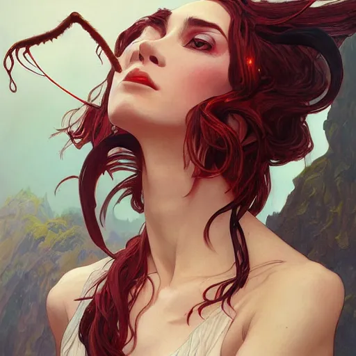 Image similar to A portrait painting of a spider woman with giant spider legs and hair needles crawling out of a volcano, illustration, detailed, award-winning, trending on artstation, by artgerm and Greg Rutkowski and Alphonse Mucha H-768