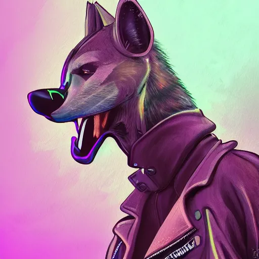 Image similar to digital painting of anthromorphic hyena female smoking cigarrete, fursona, furry fandom, furaffinity, neon rainy cyberpunk setting, anthro, wearing cyberpunk leather jacket, detailed face, blade runner, zootopia style,