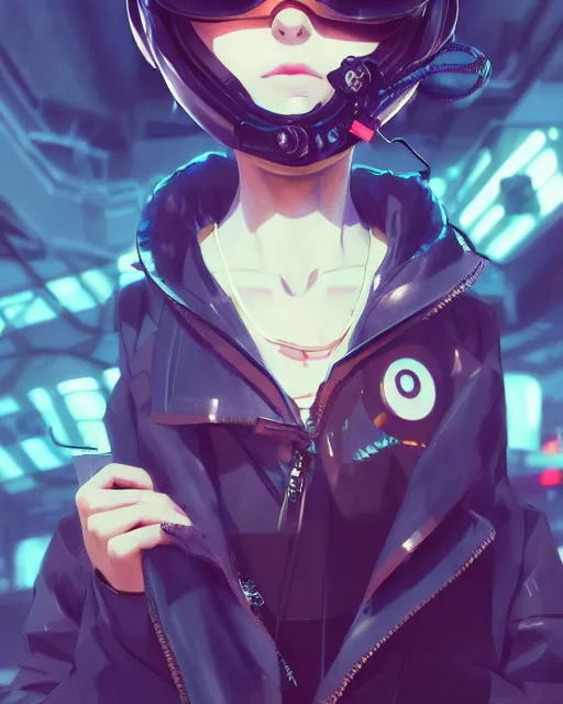 Image similar to kyoto animation, cool girl wearing cyberpunk mechanical futuristic streetwear, respirator, detailed portrait, cell shaded, 4 k, concept art, by wlop, ilya kuvshinov, artgerm, krenz cushart, greg rutkowski, pixiv. cinematic dramatic atmosphere, sharp focus, volumetric lighting, cinematic lighting, studio quality