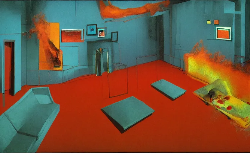 Prompt: an empty room in the style of constructivism, couch is on fire, blurred, grotesque, doomed, neural acrylic paint, high resolution, blue and green gouache on canvas, ultra detailed, vibrant colors, grotesque, wrapped thermal background, art by francis bacon, beksinski painting