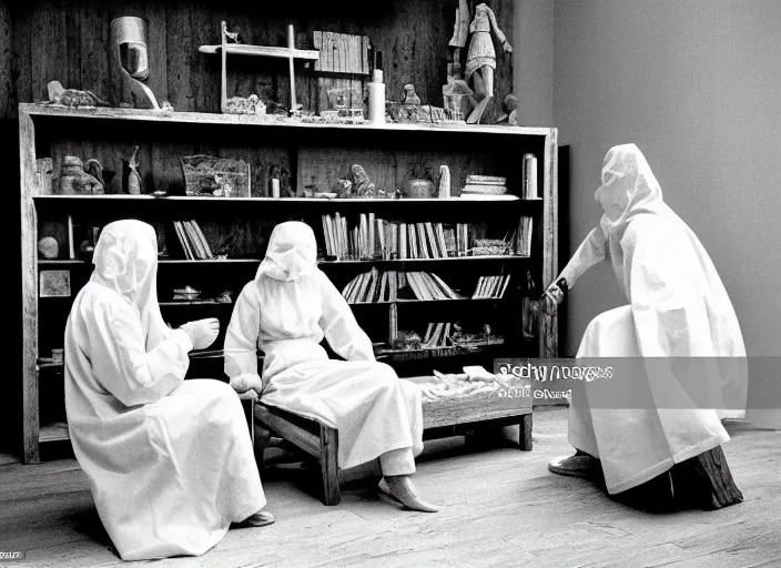 Image similar to realistic photo two medieval female scientists wearing white cotton doing an experiment with a cloud and rainbow, living room interior is made of wood 1 9 9 0, life magazine reportage photo