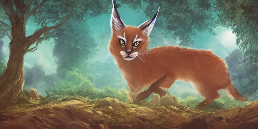 Prompt: cute caracal, Ghibli, good day, space, no people, no man, fantasy, wood, vibrant world, Anime Background, concept art, illustration,smooth, sharp focus, intricate, super wide angle, trending on artstation, trending on deviantart, 4K