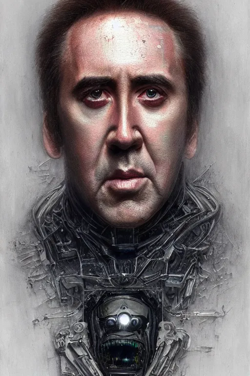 Image similar to Portrait of Nicolas Cage as mechanical cyborg, dark, intricate, smooth, artstation, painted by Wayne Barlowe, Greg Rutkowski, Zdislav Beksinski