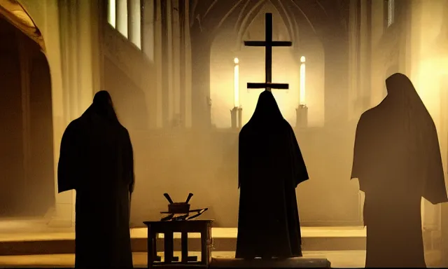 Image similar to a cultist ceremony, cultists with robes and masks, church interior, satanic church interior, the fog. horror lighting, found footage