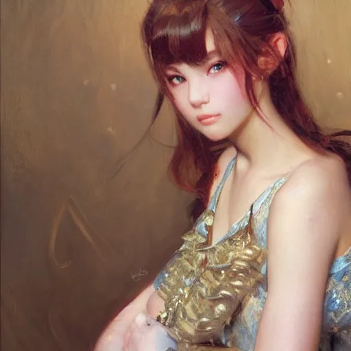 Prompt: a high fashion studio portrait of am very cute anime girl, sunlit details, painting by gaston bussiere, j. c. leyendecker, craig mullins,