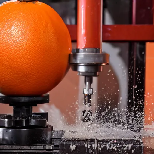 Prompt: The annoying orange being crushed by a hydraulic press, 4K