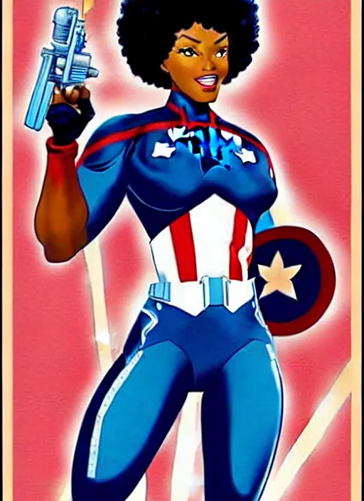 Image similar to beautiful black female captain america. afro - feminist captain america wins wwii. american wwii propaganda poster by carole feuerman, masamune shirow, rob liefeld and pixar. gorgeous face. pin up model. overwatch, realistic, black power, patriotic