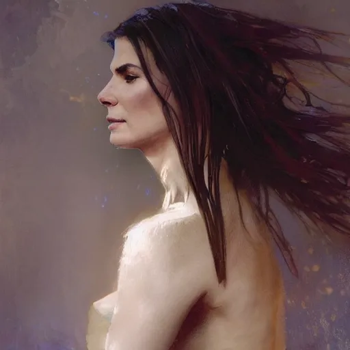 Image similar to hyperrealist portrait of sandra bullock as lady godiva. by jeremy mann and alphonse mucha, fantasy art, photo realistic, dynamic lighting, artstation, poster, volumetric lighting, very detailed faces, 4 k, award winning