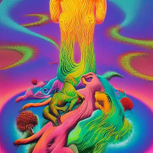 Image similar to zdzisław beksiński and Lisa Frank collaboration