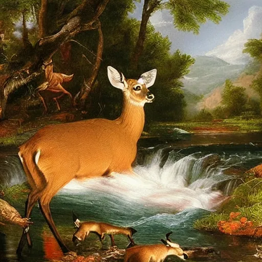 Image similar to A deer comes to drink from the stream. The deer is a metaphor for innocence. It is pure and untouched by the harshness of the world. It is gentle and fragile. An oil painting by Thomas Cole