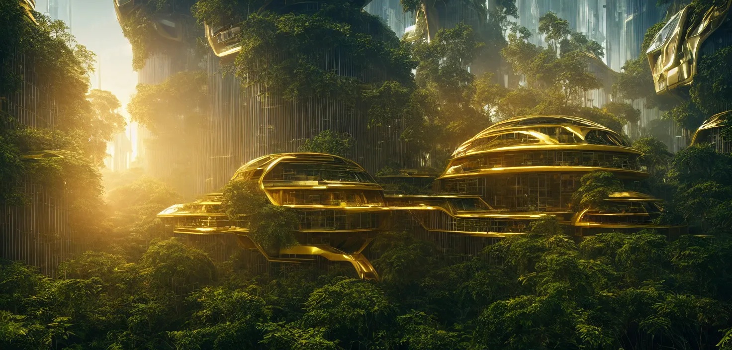 Prompt: futuristic shinny golden building in an jungle landscape of a biopunk city by taras shevchenko and wlop, movie poster, golden ratio, evening lighting, film still, realistic, octane render redshift arnold materials unreal engine, 8 k post production, hyper detailed