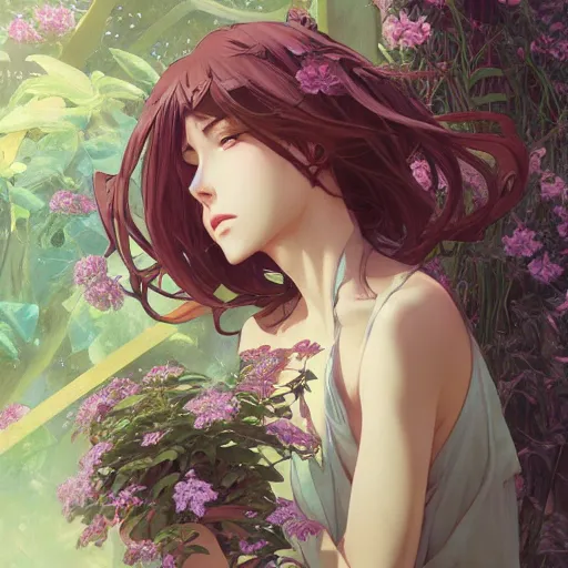 Prompt: An anime young woman plant hybrid, vine and plants and flowers, intricate, digital painting, highly detailed, concept art, Artstation, Cgsociety, Artgerm, Alphonse Mucha, Wlop