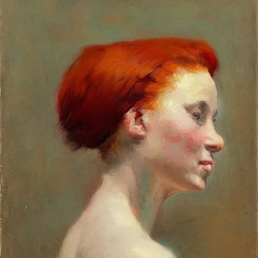 Image similar to profile of a girl with red hair, holding flowers joseph todorovitch