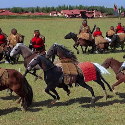 Prompt: a russian town getting pillaged by mongols on horses