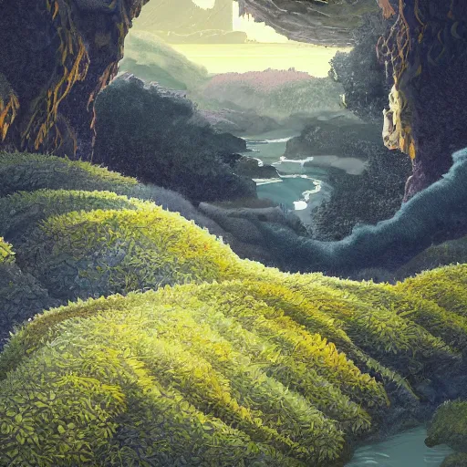 Image similar to detailed digital painting of a lush natural scene on an alien planet by vincent bons. soft intersting colour scheme. grainy. beautiful landscape. weird vegetation. cliffs and water.