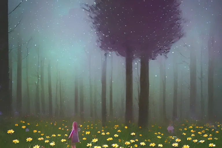 Image similar to giant bunch of daisy flowers head, girl walking in dark forest, surreal photography, dark night, stars, moon light, impressionist painting, clouds, digital painting, artstation, simon stalenhag