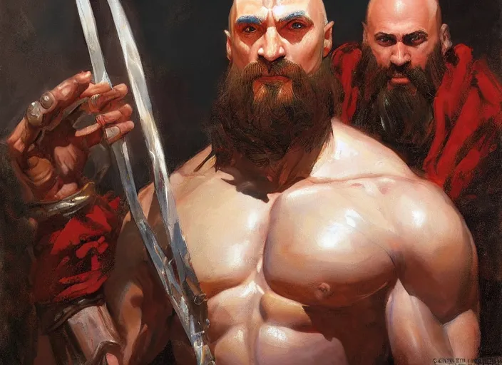 Prompt: a highly detailed beautiful portrait of vladimir putin as kratos, by gregory manchess, james gurney, james jean