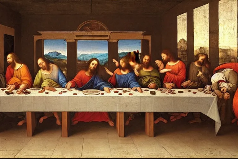 Image similar to Jesus breakdancing in front of the last supper painting by Leonardo da Vinci, renaissance style,