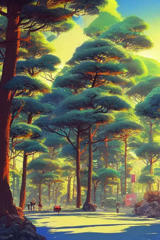 Prompt: avenida paulista in a colorful moutain with beautiful trees, morning, by studio ghibli painting, superior quality, masterpiece, traditional Japanese colors, by Grzegorz Rutkowski, concept art