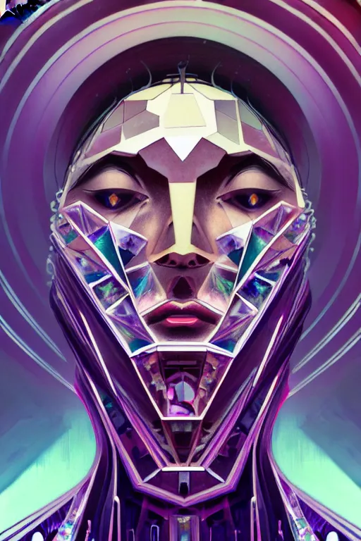 Prompt: hyperrealism, dreamland of chinese, ghost, sharp, slender and densely arranged teeth, futuristic, synthwave, art deco, expressive, dystopian, cyberpunk, mecha, halfturn portrait of a big crystal face made of crystals half - turn, ominous, intricate, oc rendered, art by alphonse mucha, concept art, 4 k, sharp focus