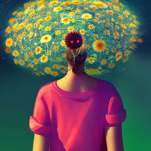 Image similar to closeup, huge daisy flower head, woman in modern city, surreal photography, night light, dark, impressionist painting, digital painting, artstation, simon stalenhag