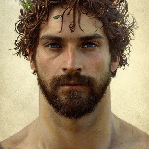 Image similar to portrait of the god of the meadow, 30 years old, meadow, flower crown, rugged, male, gorgeous, detailed face, amazing, hairy torso, muscular, intricate, highly detailed, digital painting, artstation, concept art, sharp focus, illustration, art by greg rutkowski and alphonse mucha