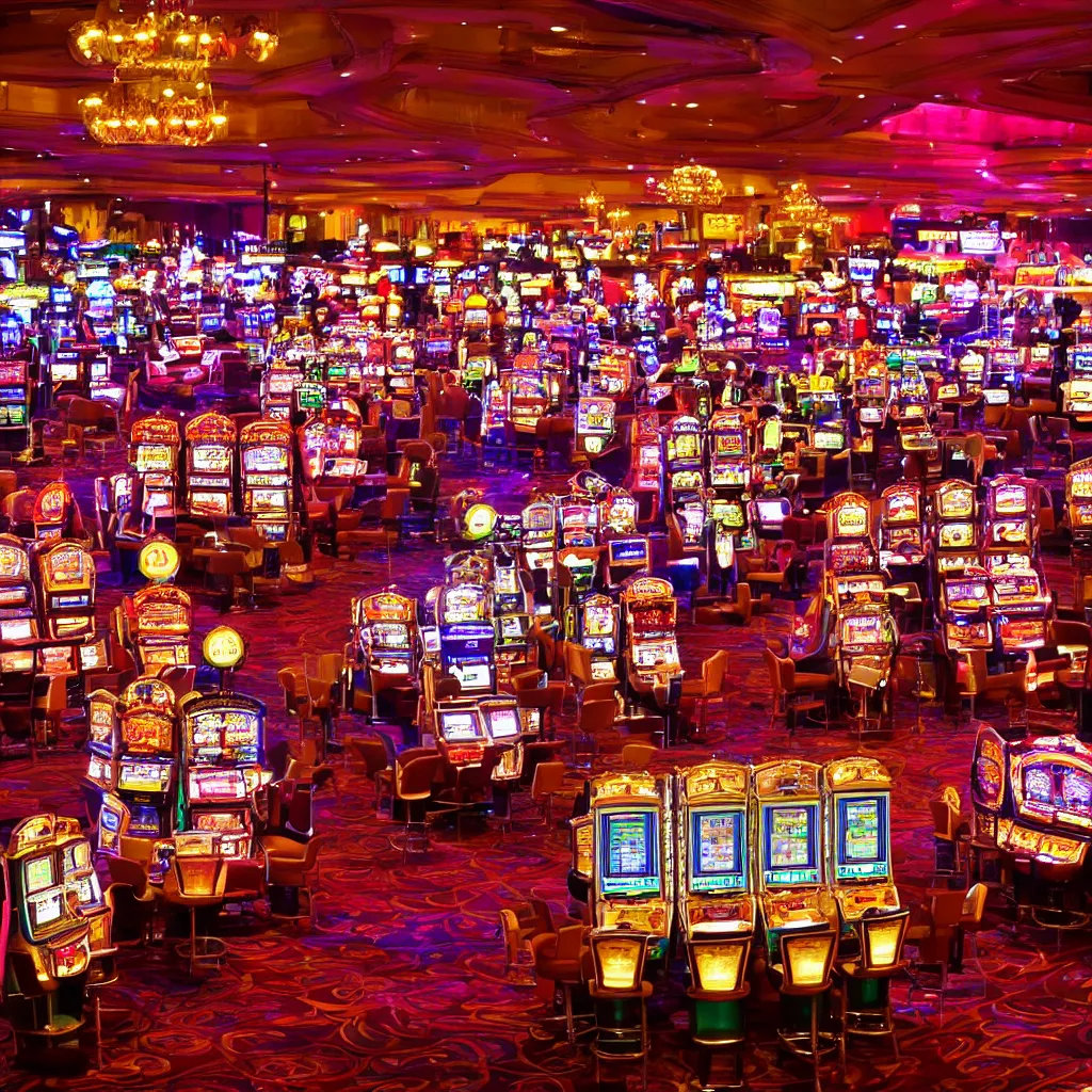 Prompt: inside a casino, fruit machines, chandeliers, lights and colors, realistic
