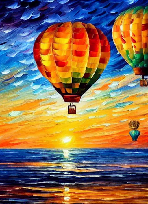 Image similar to beautiful hot air balloons over the ocean at sunset in the style of leonid afremov