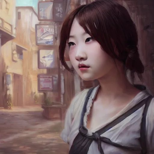 Image similar to a perfect, realistic professional oil painting in rococo style, of a Japanese schoolgirl posing in a dystopian alleyway, close-up, by a professional American senior artist on ArtStation, a high-quality hollywood-style concept