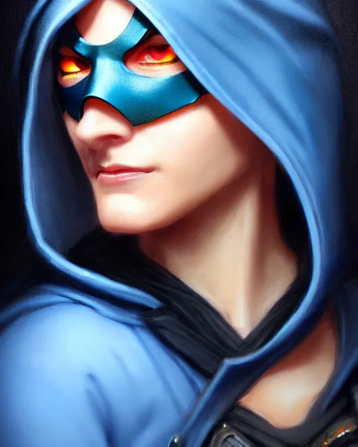 Image similar to ana from overwatch, blue hooded cloak, eye patch, older woman, character portrait, portrait, close up, highly detailed, intricate detail, amazing detail, sharp focus, vintage fantasy art, vintage sci - fi art, radiant light, caustics, by boris vallejo