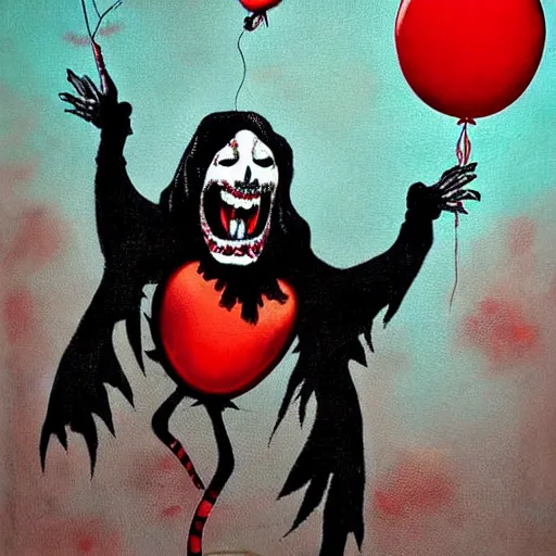 Prompt: grunge cartoon painting of a raven with a wide smile and a red balloon by chris leib, loony toons style, pennywise style, corpse bride style, horror theme, detailed, elegant, intricate