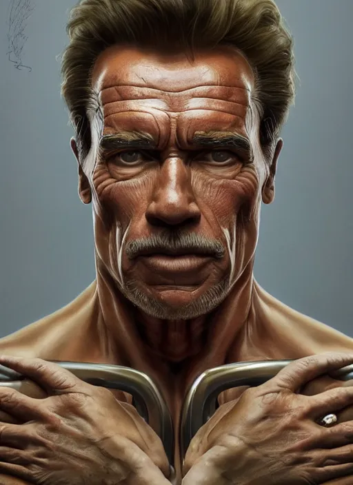 Prompt: symmetry!! arnold schwarzenegger, machine parts embedded into face, intricate, elegant, highly detailed, digital painting, artstation, concept art, smooth, sharp focus, illustration, art by artgerm and greg rutkowski and alphonse mucha, 8 k