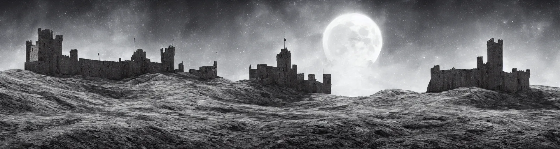 Image similar to landscape of the lunar surface with a spooky medieval castle tower on the far left, digital art