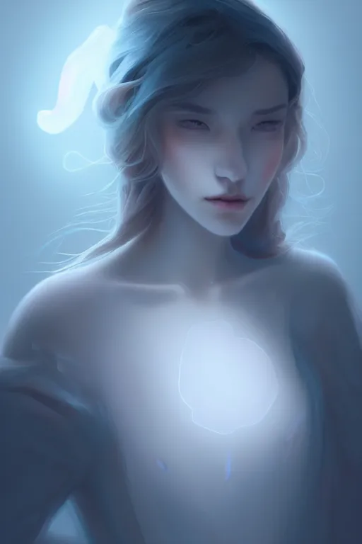 Image similar to Bioluminescent, Her breath shot a haze of steam out into the frosty morning air concept, soft light, soft mood, realistic body features and face, illustration, painting oil on canvas by Elena Zhurikhina and Goro Fujita and Charlie Bowater, octane render trending on artstation, 4k, 8k, HD