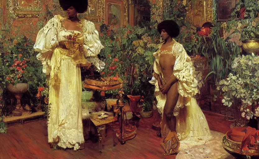 Image similar to high quality high detail painting by ilya repin, black woman in a white room with many plants, intricate costume design, orientalist, partially gold, ornate, elite, luxury, hd