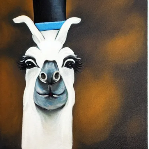 Prompt: an oil painting of a llama wearing a tuxedo and top hat