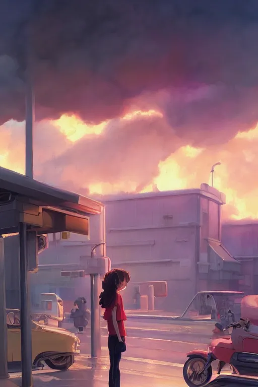 Image similar to a highly detailed matte painting of a girl watching gas station fire by studio ghibli, makoto shinkai, by artgerm, by wlop, by greg rutkowski, volumetric lighting, octane render, 4 k resolution, trending on artstation, masterpiece