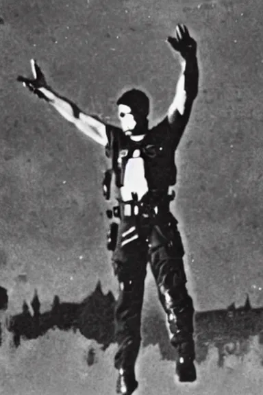 Image similar to a photo taken from a distance of police surrounding a man floating in the air with his hands up