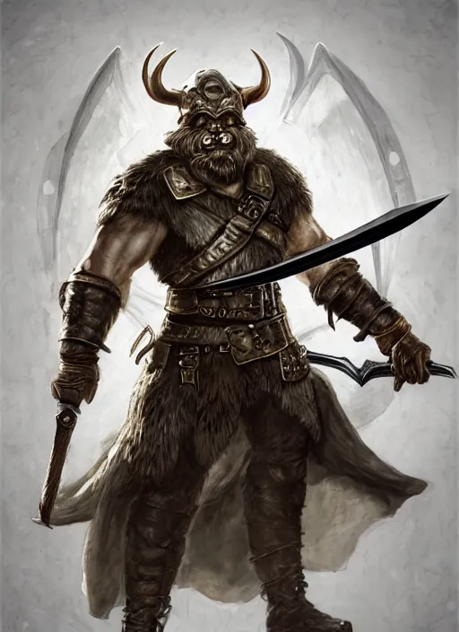 Image similar to strong young man, photorealistic bugbear ranger holding aflaming sword, black beard, dungeons and dragons, pathfinder, roleplaying game art, hunters gear, jeweled ornate leather and steel armour, concept art, character design on white background, by alan lee, norman rockwell, makoto shinkai, kim jung giu, poster art, game art