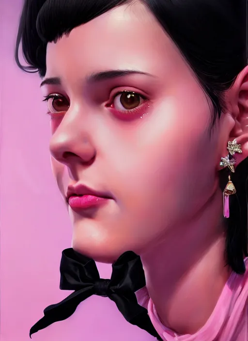 Image similar to portrait of high school girl, realistic, black hair, bangs, half updo hairstyle, pointy nose, skinny, smile, ugly, defined jawline, big chin, pink hair bow, earrings, intricate, elegant, glowing lights, highly detailed, digital painting, artstation, sharp focus, illustration, art by wlop, mars ravelo and greg rutkowski