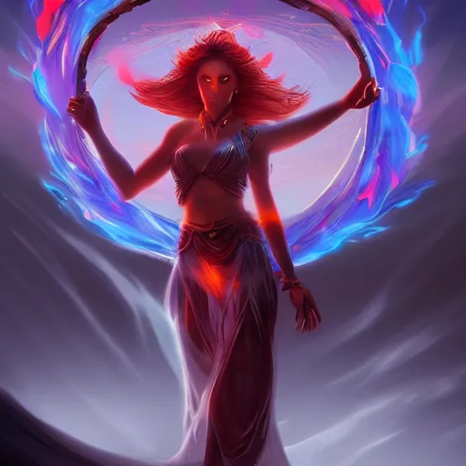 Image similar to beautiful goddess of fire stands in her power in a vortex of flame, 8k resolution matte fantasy painting, cinematic lighting, DeviantArt Artstation, by Ross Tran