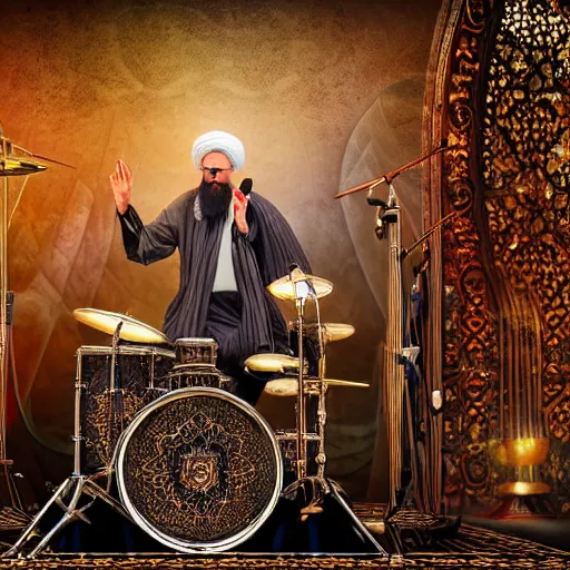 Prompt: khamenei playing drums in heavy metal band in heaven, high definition, trending on artstation, unreal engine, photorealistic, high resolution,, trending on deviantart, hdr, hyper detailed, insane details, intricate, elite, ornate, elegant, luxury, dramatic lighting, 1 0 6 6 3 8 1 0 9 0