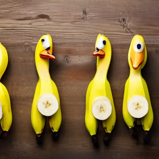 Image similar to professional photograph of banana ducks, peeled bananas with googly eyes and duck beaks