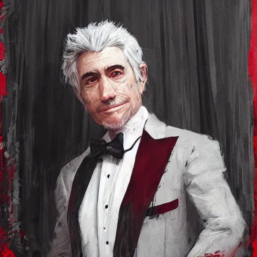 Image similar to portrait of a puppet master, grey hair and a tuxedo, harsh good looking face, middle aged, surrounded by red curtains, drawn by Ruan Jia, disco elysium style, highly detailed