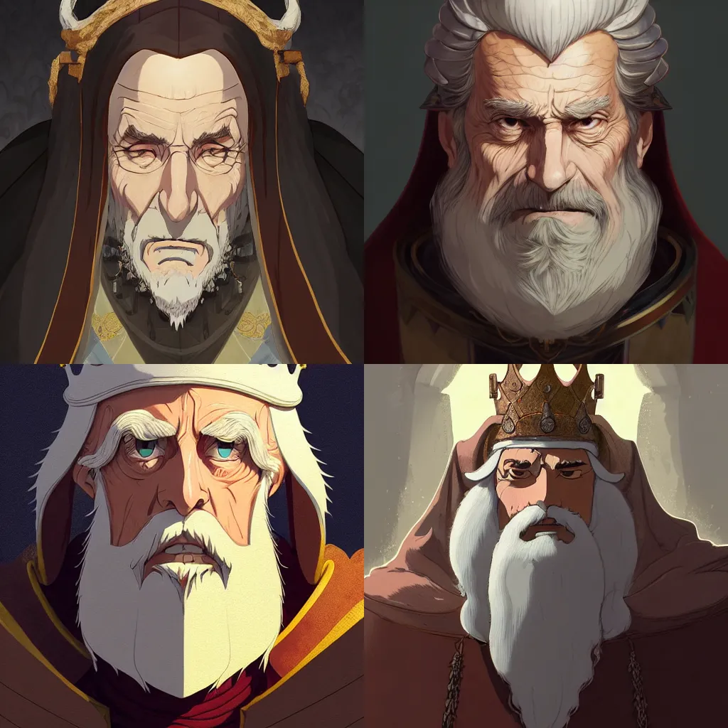 Prompt: portrait of medieval old king, artstation, cartoon, elegant highly detailed digital painting, concept art, smooth, sharp focus, illustration, art by ghibli, makoto shinkai, don bluth, fujita goro, giraud, atey ghailan, akihiko yoshida, tom whalen, fadeev