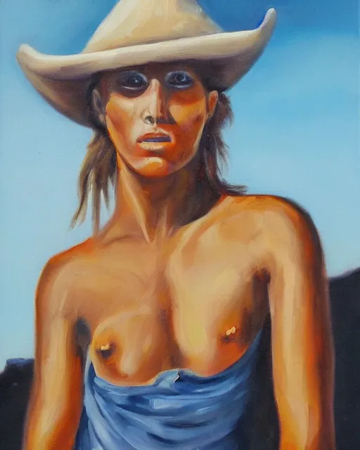 Image similar to scarred cowgirl, oil painting