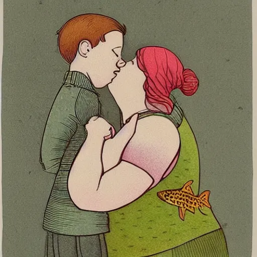 Image similar to the same style. the most beautiful little fat sweet girl is kissing a colorful cute fish. modern etching. colored print. hype realistic scene.