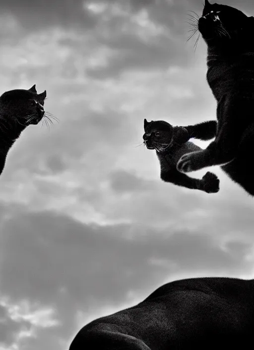 Prompt: two panther black and white portrait white sky in background