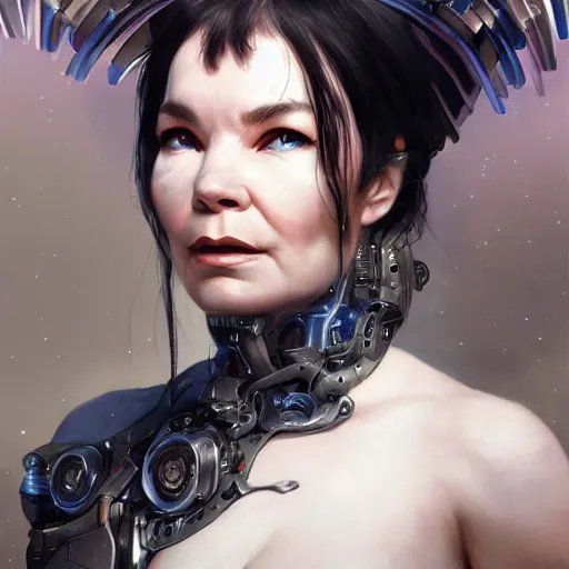 Prompt: bjork as a cyborg, fantasy, portrait, highly detailed, digital painting, trending on artstation, concept art, sharp focus, illustration, art by artgerm and greg rutkowski and magali villeneuv